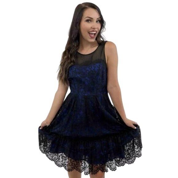 NWT Moulinette Soeurs X Anthropologie Blue & Black Lace Sleeveless A-Line Dress - Picture 12 of 16